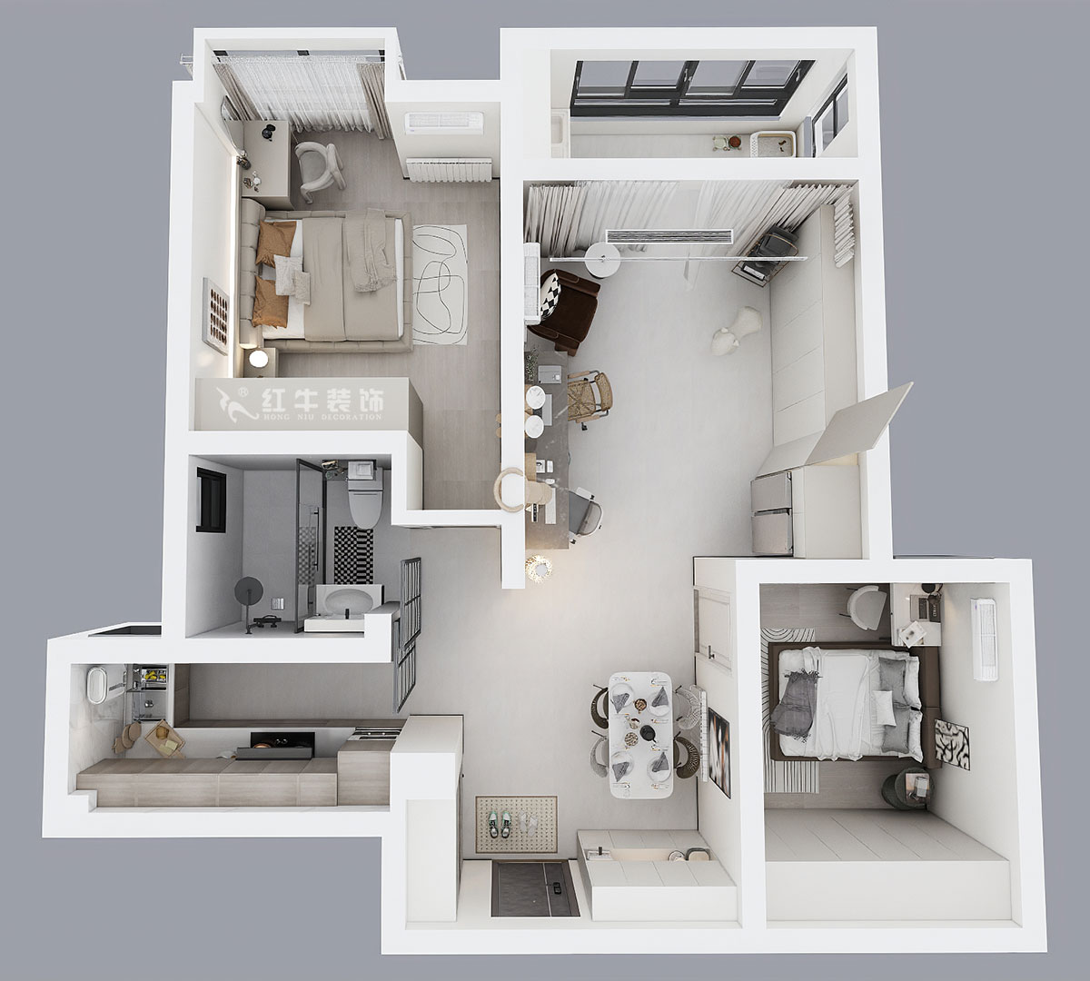 陶阳｜万科金色里程10-1203-90㎡-简约风格｜2室2厅1卫｜新房装修｜定制家｜全包12万｜00_04鸟瞰图